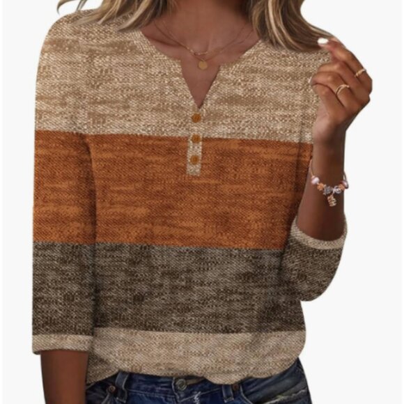 Zeagoo Geometric Print Henley Top Neutral Brown Beige Long Sleeve Size L NWT - Picture 5 of 6